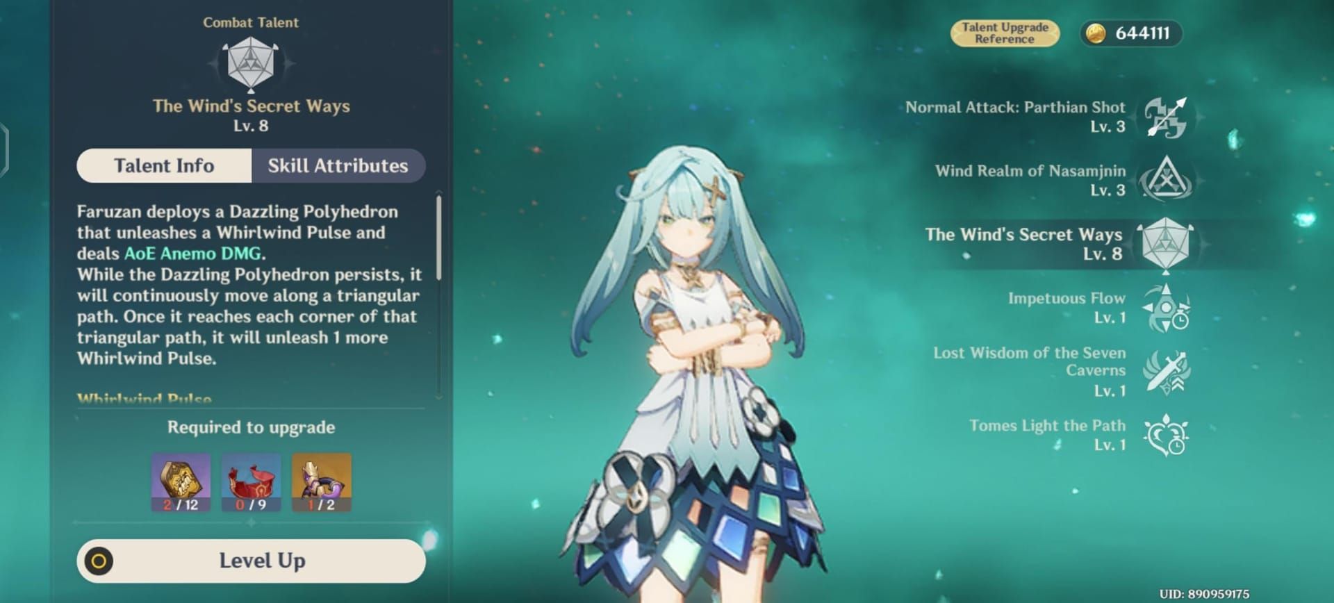 Faruzan character showcase showing her elemental burst details and Anemo damage bonuses