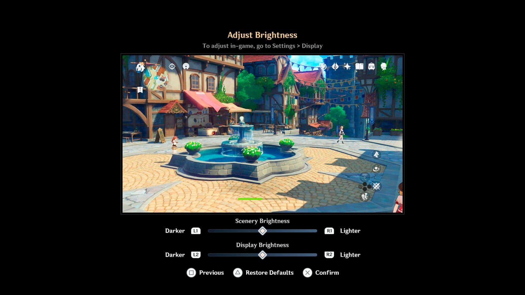 Genshin Impact HDR calibration interface with brightness adjustment sliders