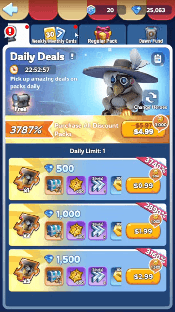 Écran des Daily Deals de Whiteout Survival avec trois petits packs de gemmes aux prix de 0.99, 1.99 et 2.99 dollars