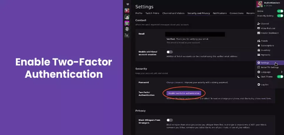 Pagina de setări pentru autentificarea în doi factori a contului Twitch
