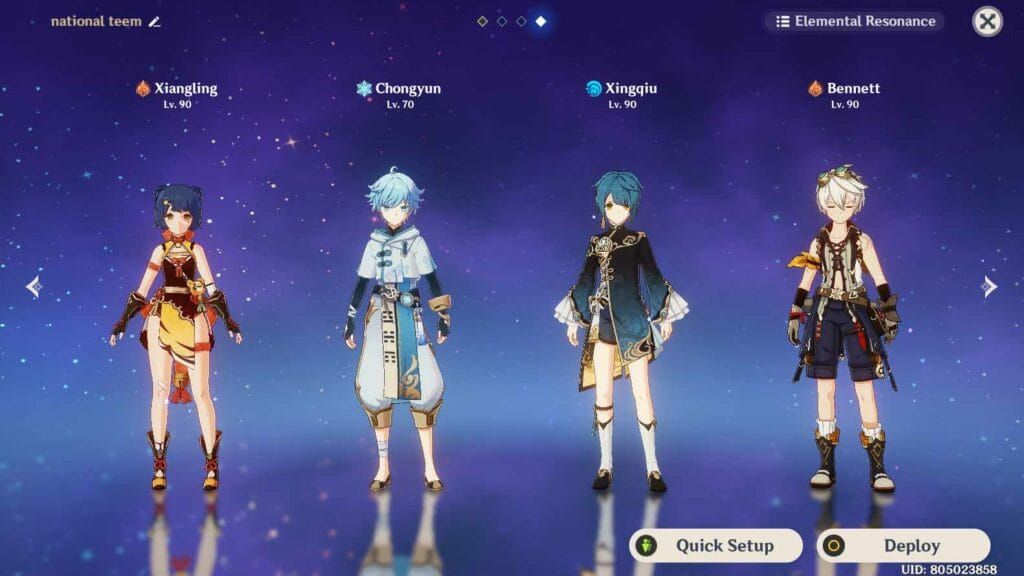 Genshin Impact National team composition featuring Xiangling, Xingqiu, Bennett and an Anemo character