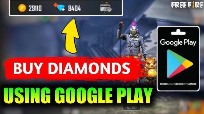 Google Play Store interface showing Free Fire diamond packages and purchase options