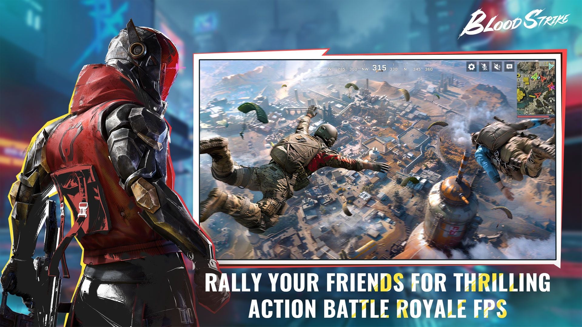 Oficiální výsadek v režimu battle royale v Blood Strike s kompasem a minimapou. Po aktualizaci seznamu zbraní z 11. srpna si znovu otestujte kameru