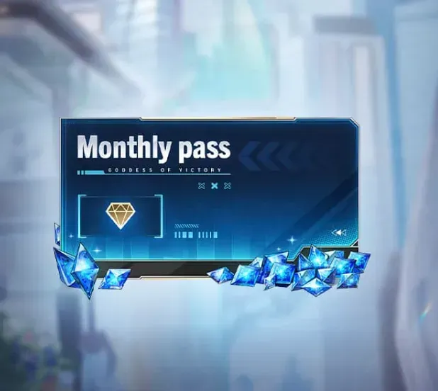 NIKKE Monthly Pass purchase screen showing $4.99 price and gem rewards