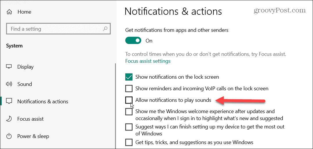 Comutator oprire sunete notificari Windows
