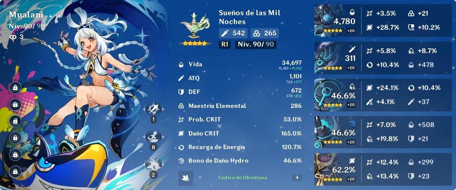 Mualani character statistics screen displaying HP, ATK, DEF values and ascension stats