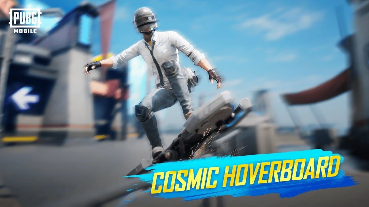 PUBG Mobile player riding Cosmic Hoverboard demonstrating silent traversal capabilities