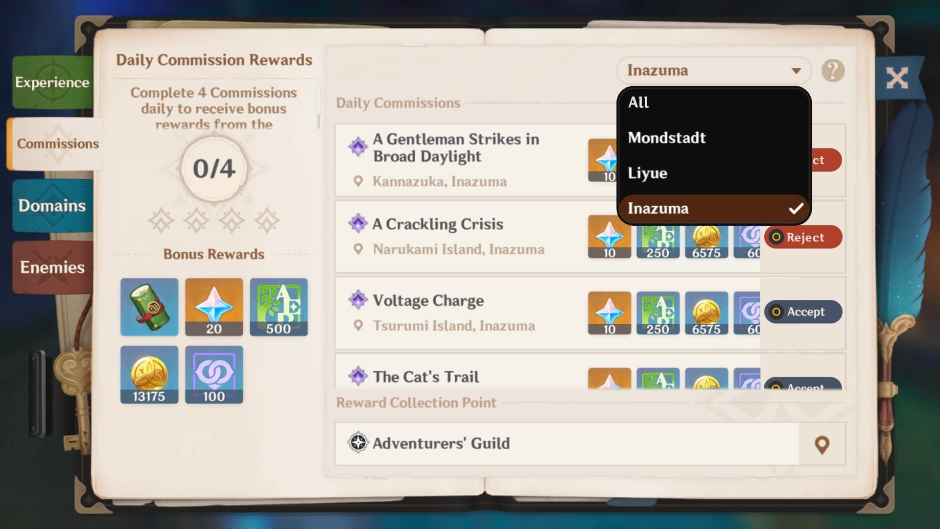 Genshin Impact daily commissions reward interface
