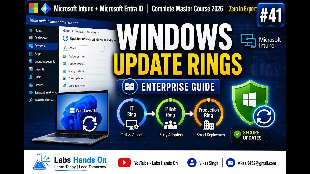 Konfigurasi ring pelancaran Microsoft Intune yang menunjukkan hari penangguhan dan dasar kemas kini kualiti