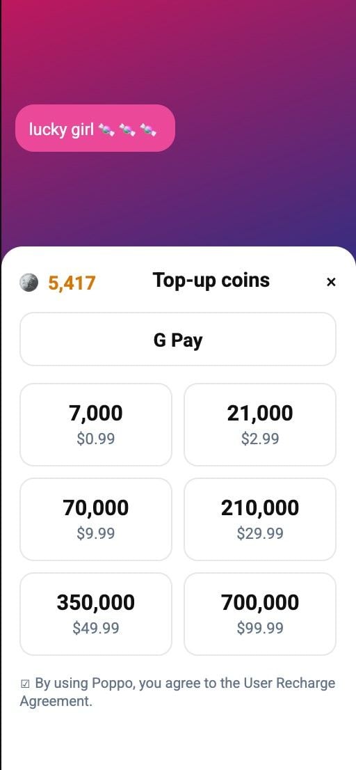 Pacotes de recarga de moedas do Poppo Live e checkout via G Pay