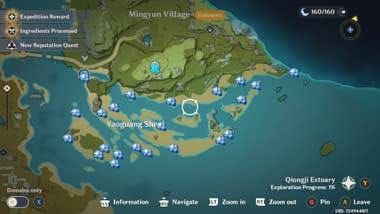 Genshin Impact Gameplay-Screenshot des Strandbereichs des Yaoguang-Riffs mit sichtbaren Sternmuscheln, die entlang der Küste verstreut sind