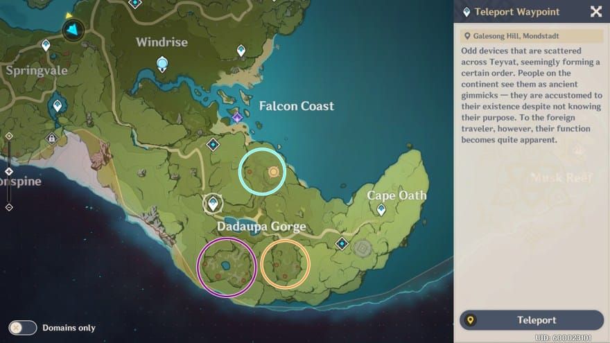Genshin Impact Dadaupa Gorge map highlighting slime farming locations