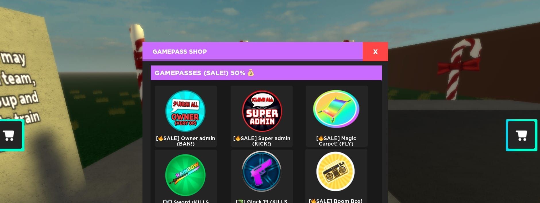 Roblox gamepass store interface showing purchasable passes