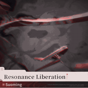 Animated clip of Suoming performing her Resonance Liberation with red slashes of energy in a dark arena, captioned Resonance Liberation