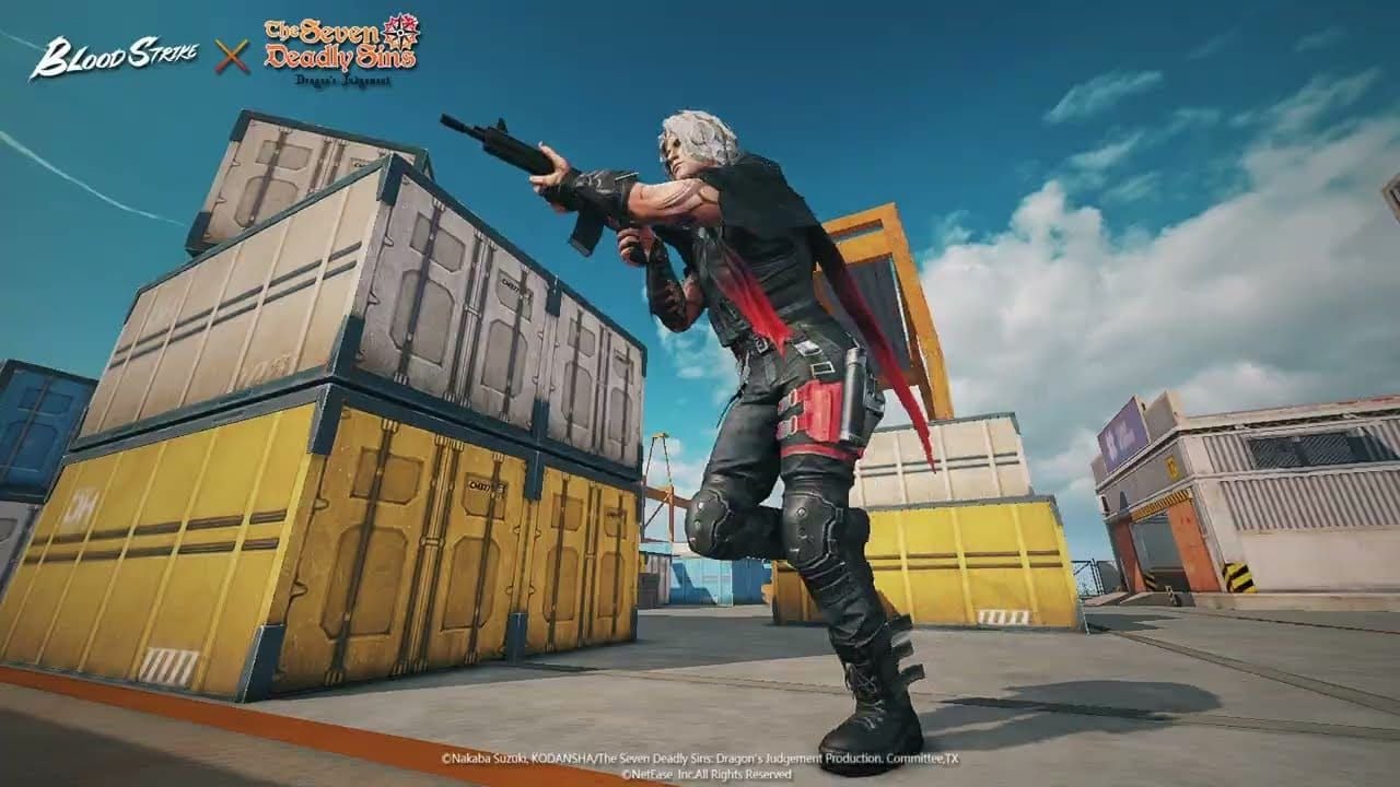 《Blood Strike》与《七大罪》联动模式截图,展示了纹章石柱