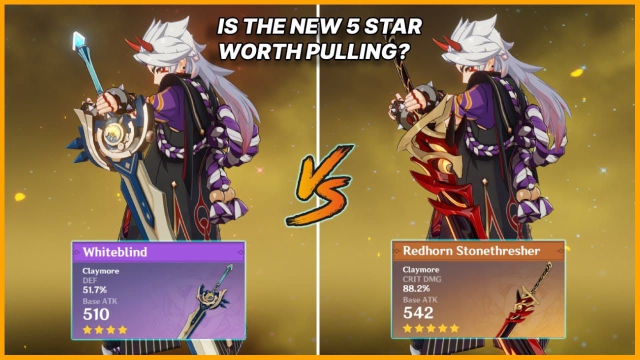 Damage comparison showing Whiteblind performance against 5-star weapons on DEF-scaling characters