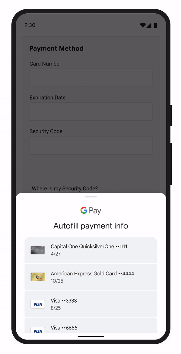 Google Payments verification screen displaying registered credit cards and account status