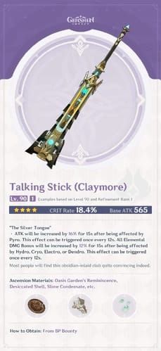 Statistik dan rupa senjata Claymore Talking Stick Genshin Impact