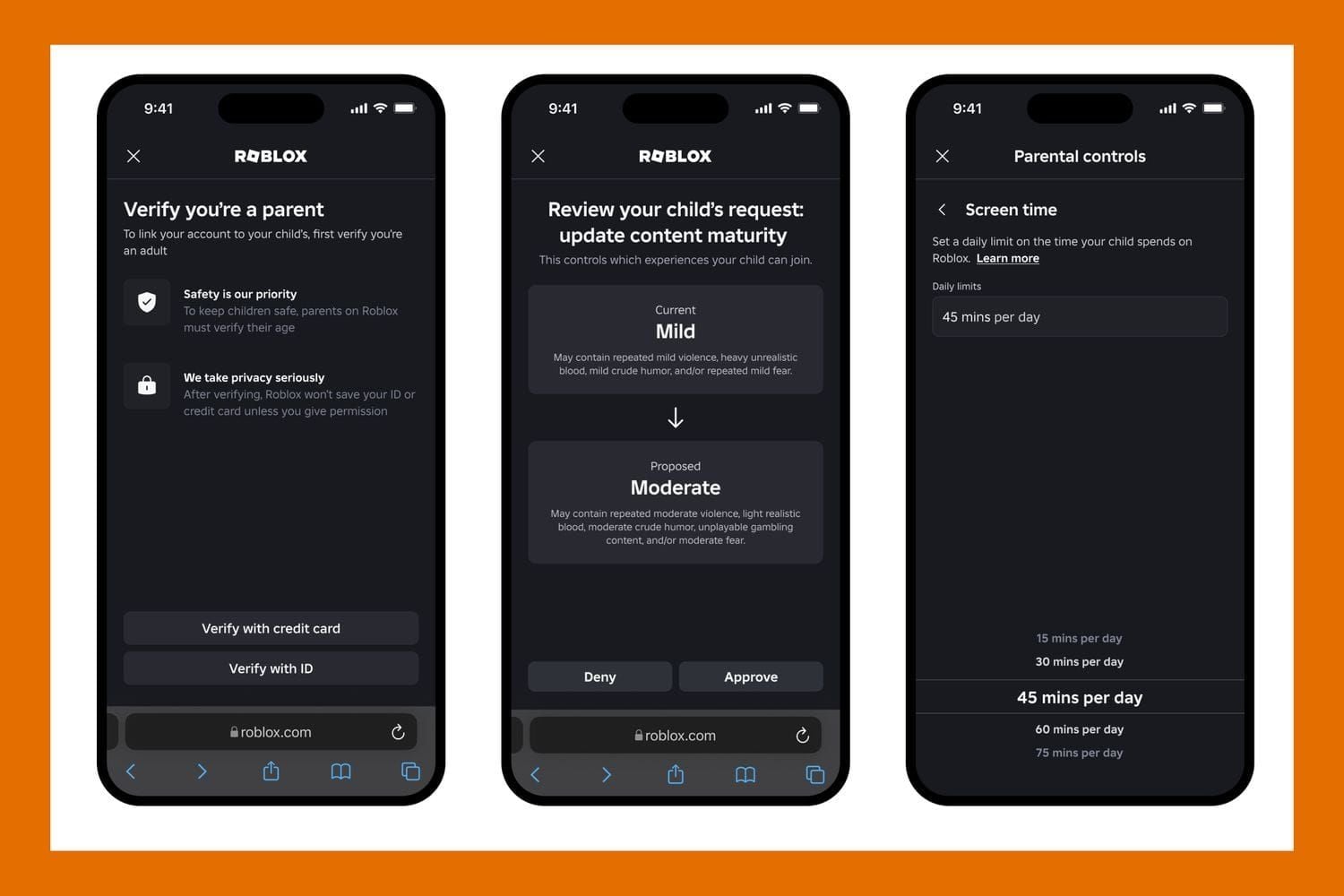 Captură de ecran a setărilor de control parental Roblox