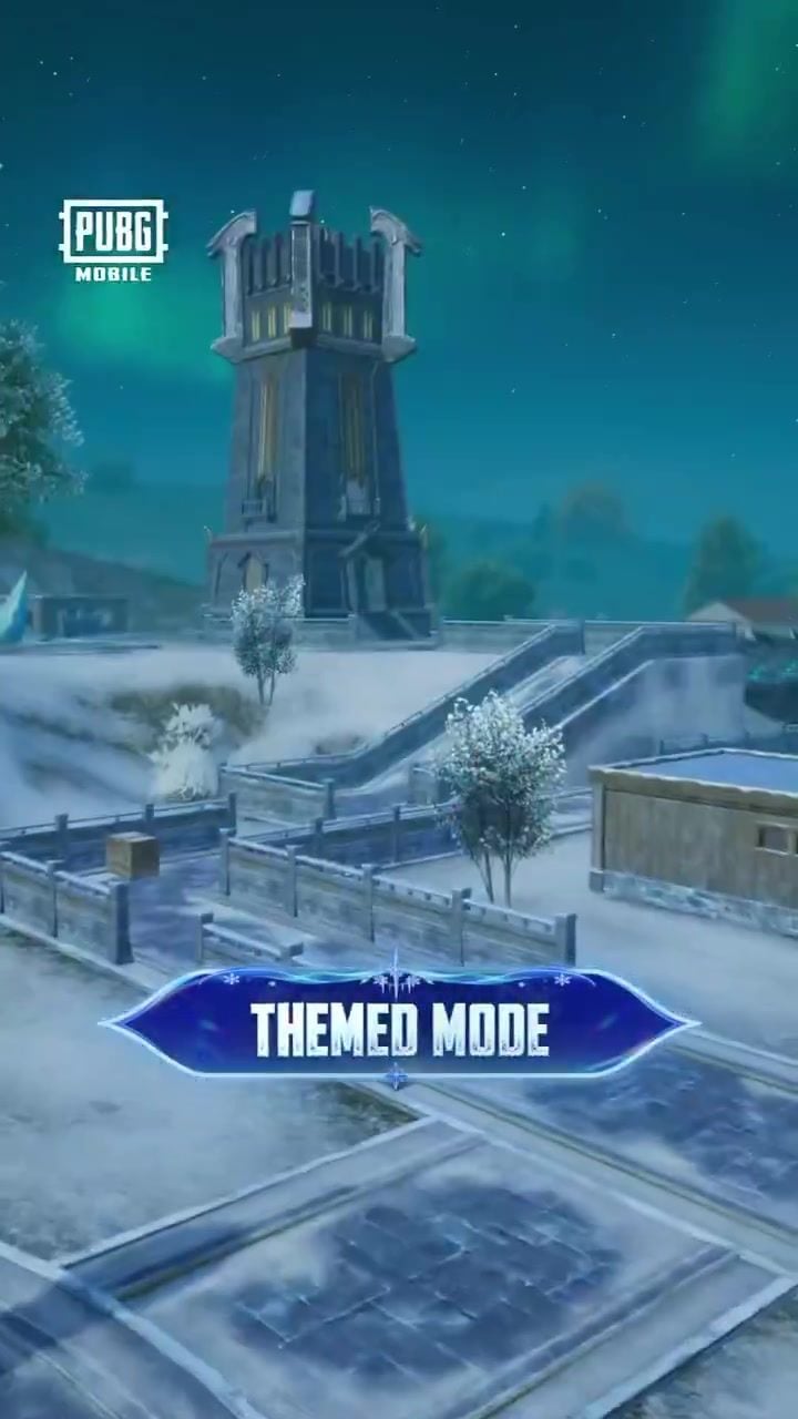 Erangel de estilo nórdico cubierto de nieve con una torre de glifos de piedra bajo la aurora, modo temático de PUBG Mobile 4.7 Beta 3
