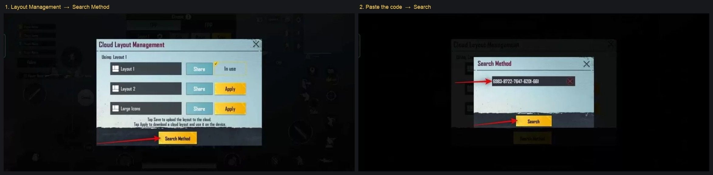 Správa rozvržení v cloudu v PUBG Mobile, metoda vyhledávání a vložení kódu rozvržení