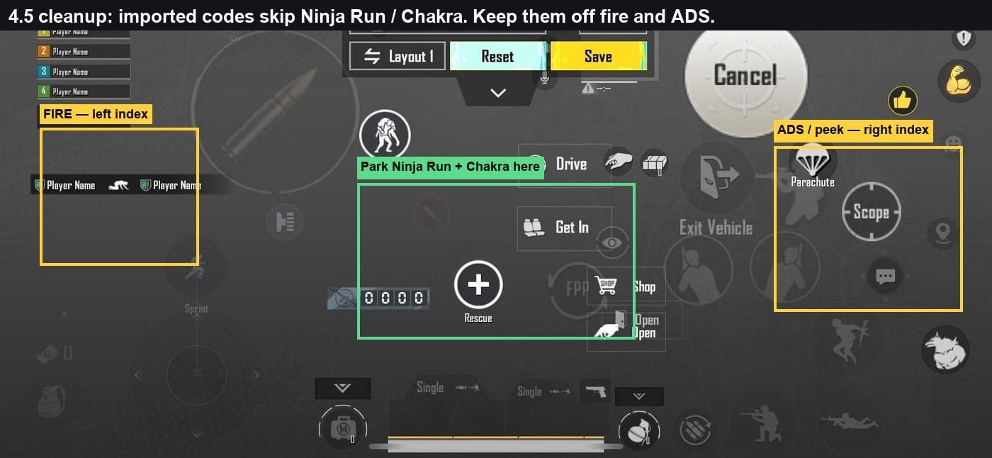 HUD pro 4prstý claw ve verzi 4.5 s vyznačeným tlačítkem střelby, ADS a mrtvou zónou pro Ninja Run a Chakra