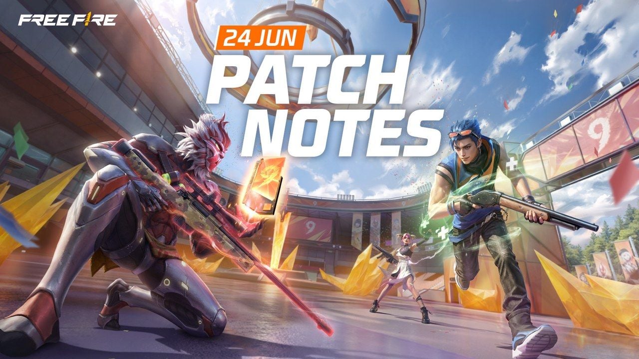 แบนเนอร์บันทึกการอัปเดตแพตช์ 24 มิถุนายนอย่างเป็นทางการของ Free Fire จากตัวเกม OB54