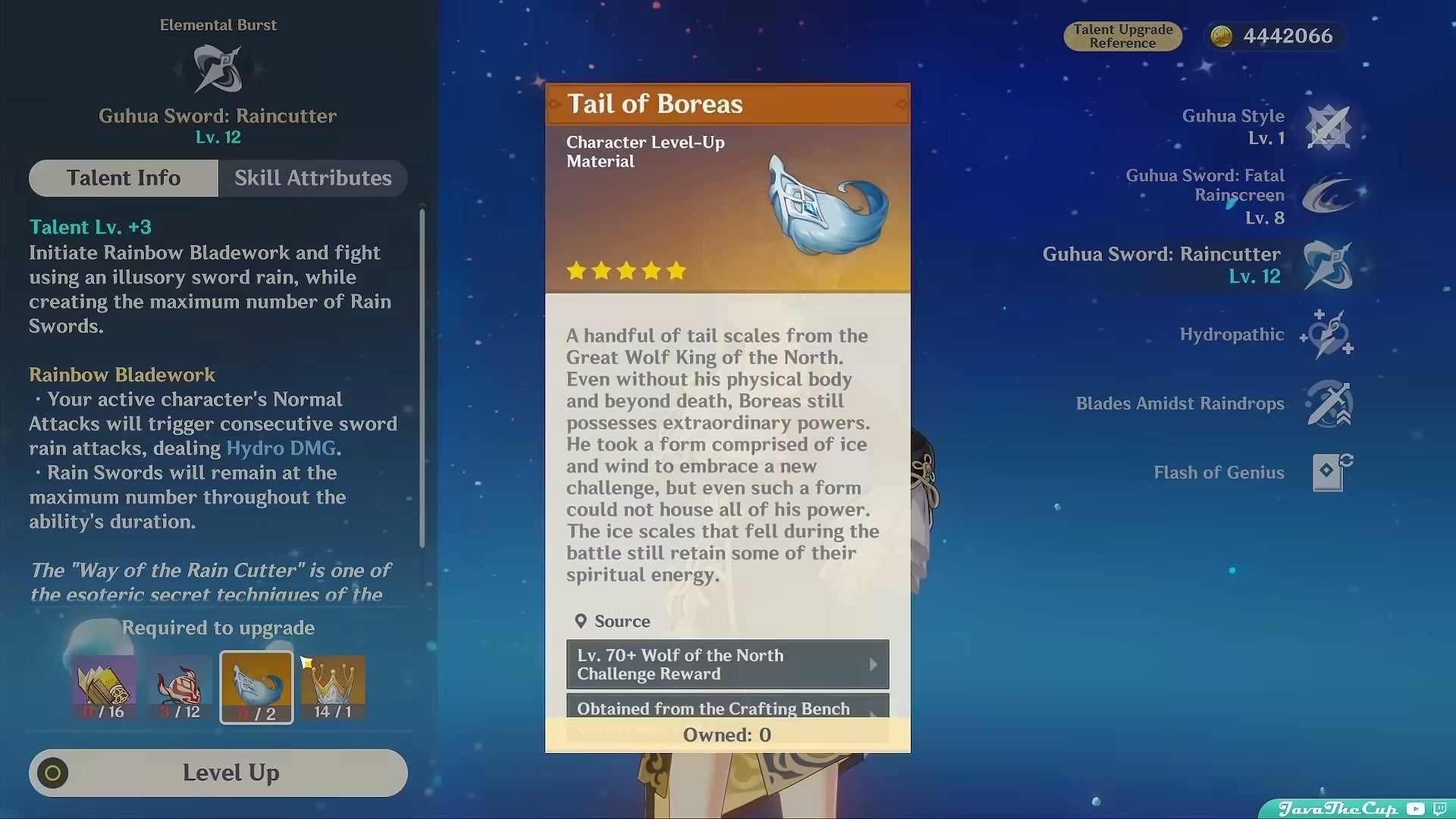 Crown Raincutter Xingqiu memerlukan Tail of Boreas dan Crown of Insight