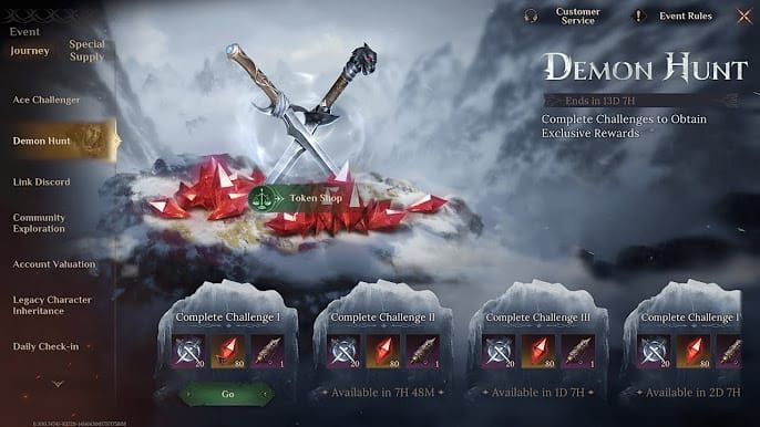 Dragonheir Silent Gods Inferno & Twinkle event main interface displaying Demon Hunt and Errtu Boss Challenge sections