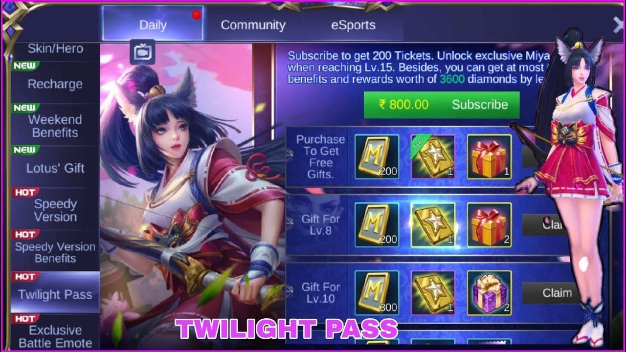 Antara muka ganjaran Mobile Legends Bang Bang Twilight Pass dengan kulit Miya
