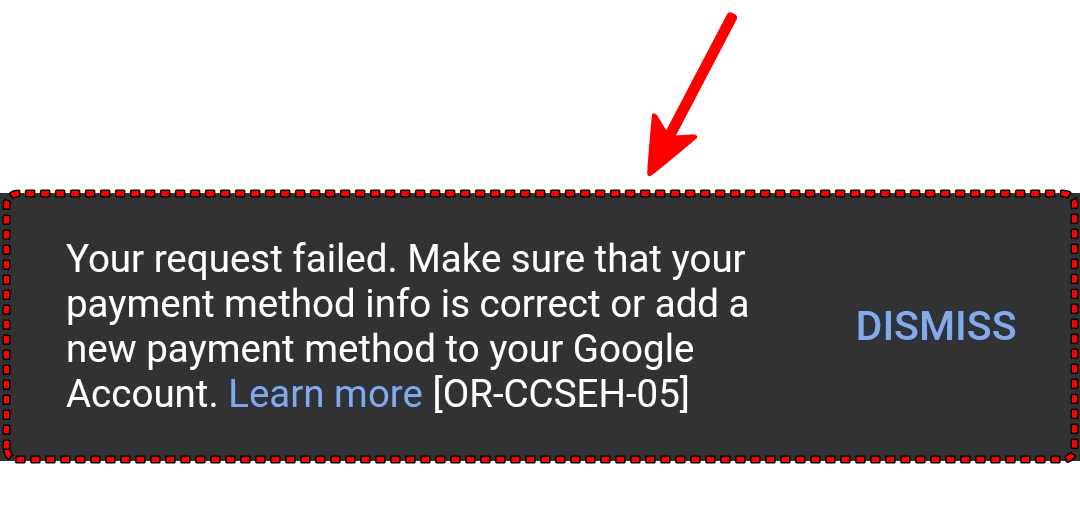 Hlášení o zamítnutí s chybou Google Play OR-CCSEH-05 při platbě mezinárodní kreditní kartou