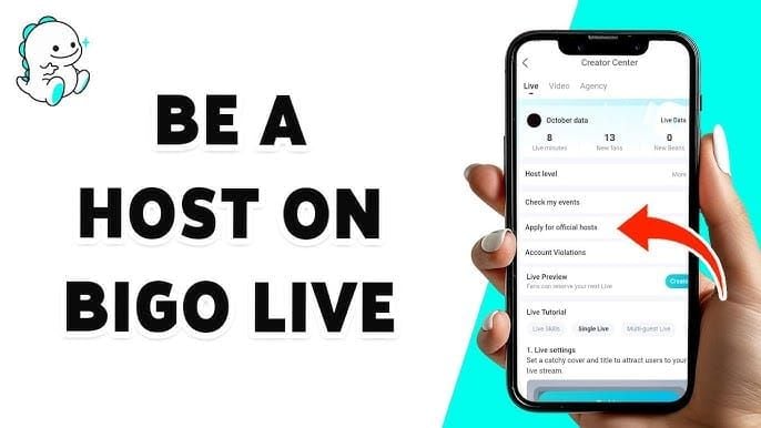 BIGO Live app navigation guide showing the path to official host application