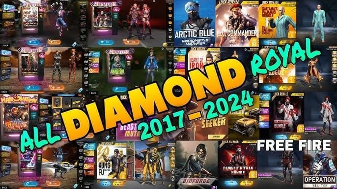 Free Fire钻石转盘界面，显示抽奖成本和奖励获取系统