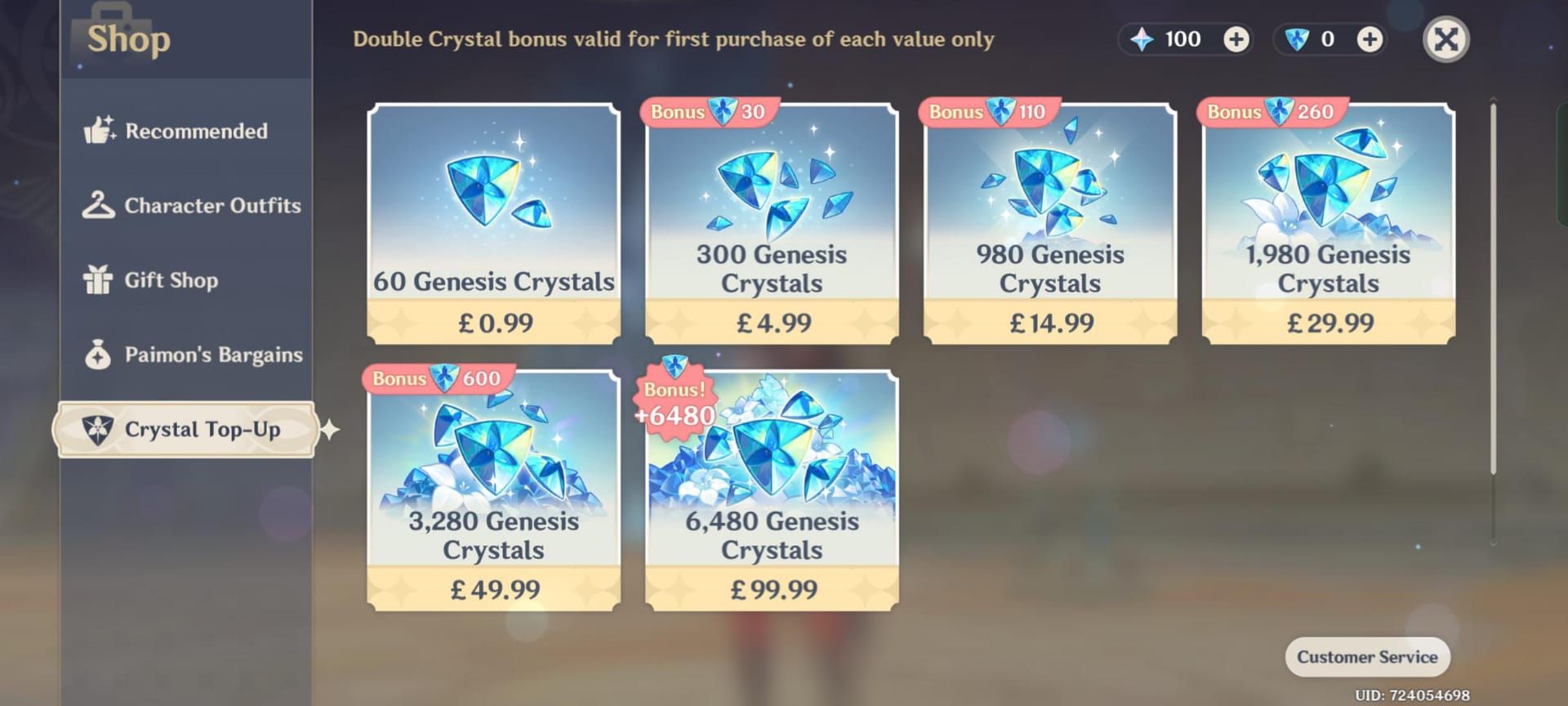 Genshin Impact Genesis Crystals pricing chart showing different packages and their costs