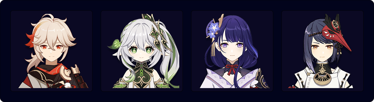 原神最佳超绽放队伍配置,显示纳西妲、雷电将军、夜兰和万叶角色