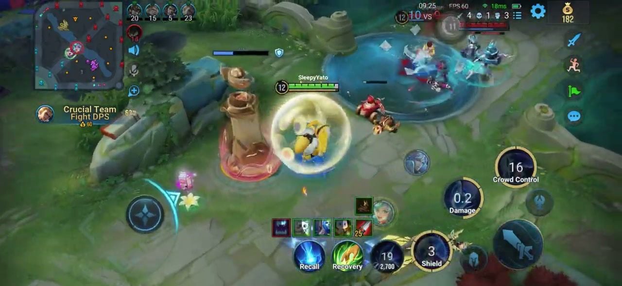 DPS de Menki en teamfight bajo torre enemiga con escudo