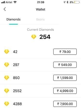 Bigo Live diamond purchase options showing various packages from 792 to 89,000 diamonds with USD pricing