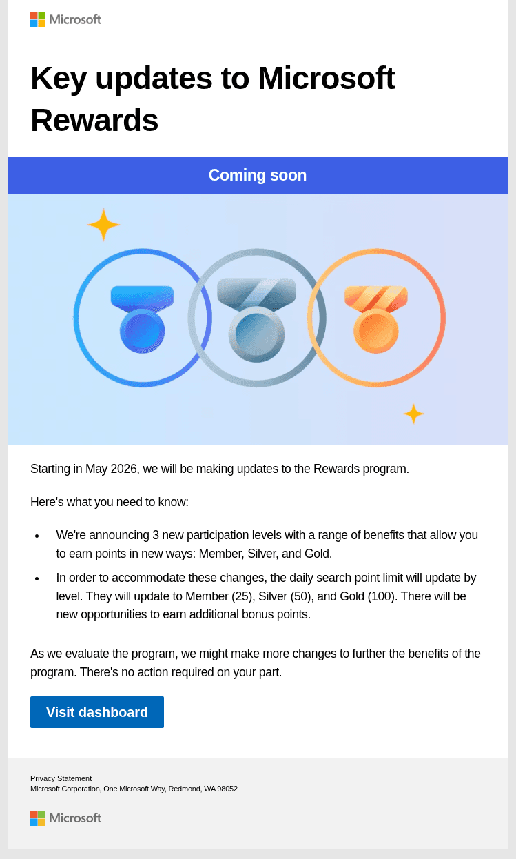 Panel de Microsoft Rewards que muestra el recuento de rachas del conjunto diario y el progreso de los hitos