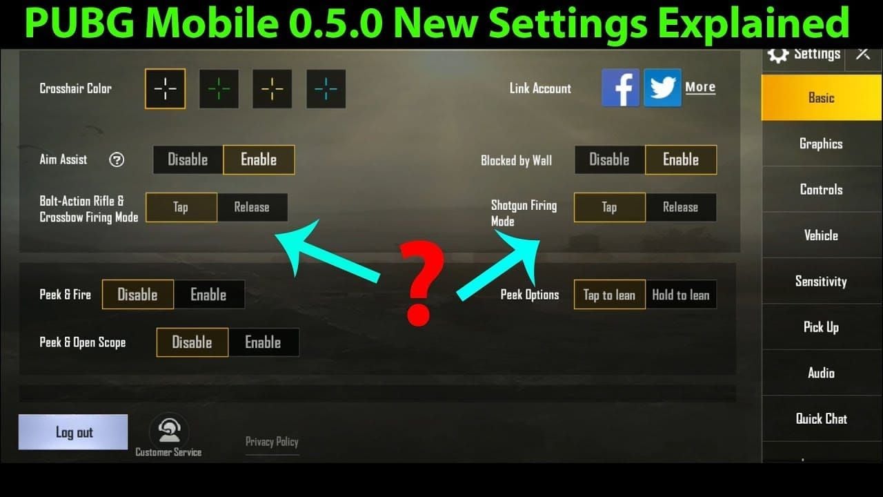 PUBG Mobile fire mode configuration screen showing hold and tap options