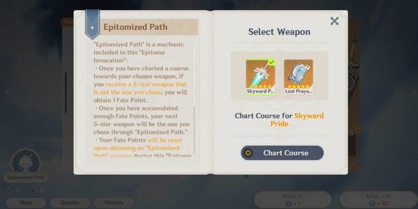 Antara muka Laluan Epitomized sepanduk senjata Genshin Impact menunjukkan sistem pity dan mata nasib