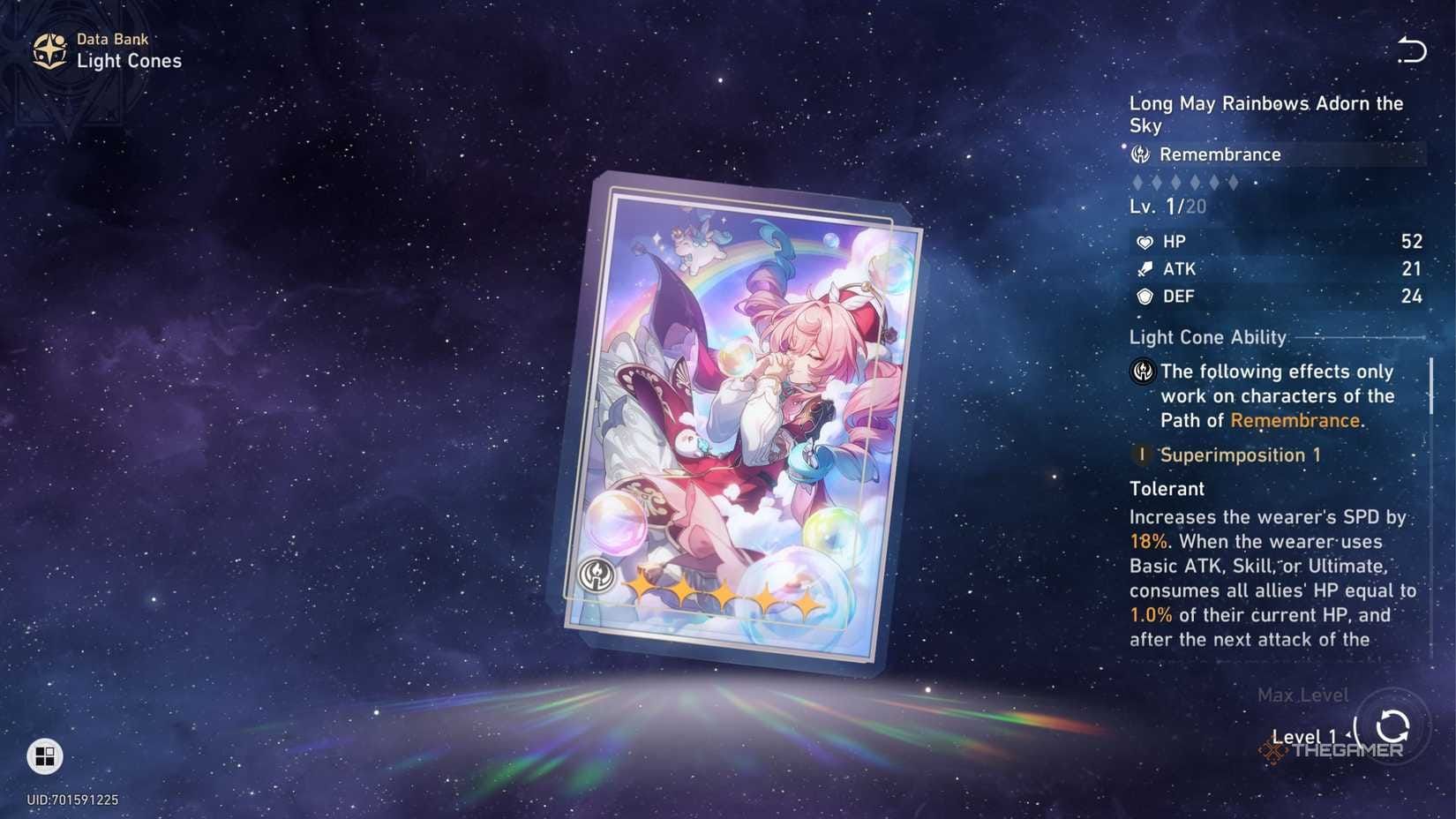 Light cone Long May Rainbows Adorn the Sky dengan bonus stat dan efek