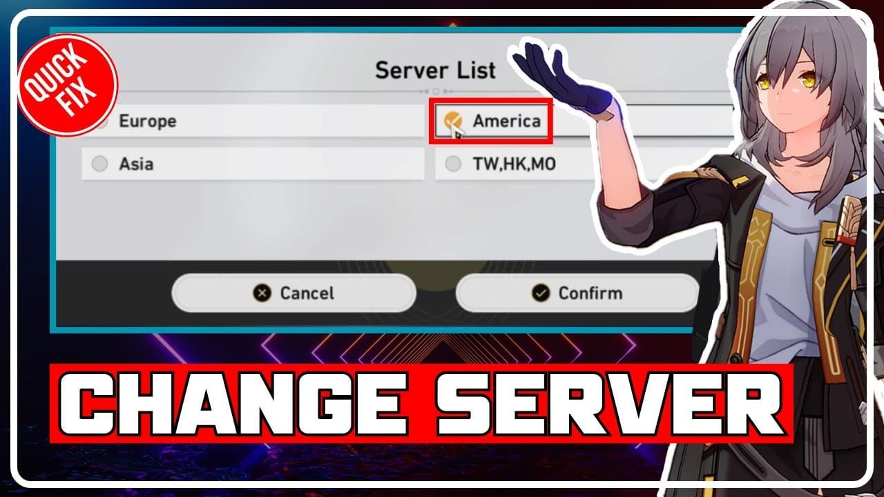Honkai Star Rail regional server selection showing America, Europe, and Asia options