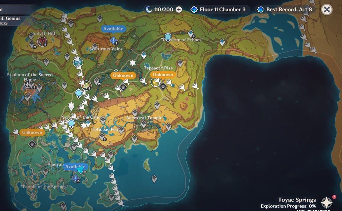 원신 나타 지역의 전체 지도, 모든 하위 지역 및 중요 위치 표시