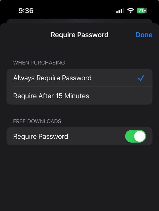 Ustawienia hasła Multimedia i zakupy na iPhonie z zaznaczoną opcją Zawsze wymagaj