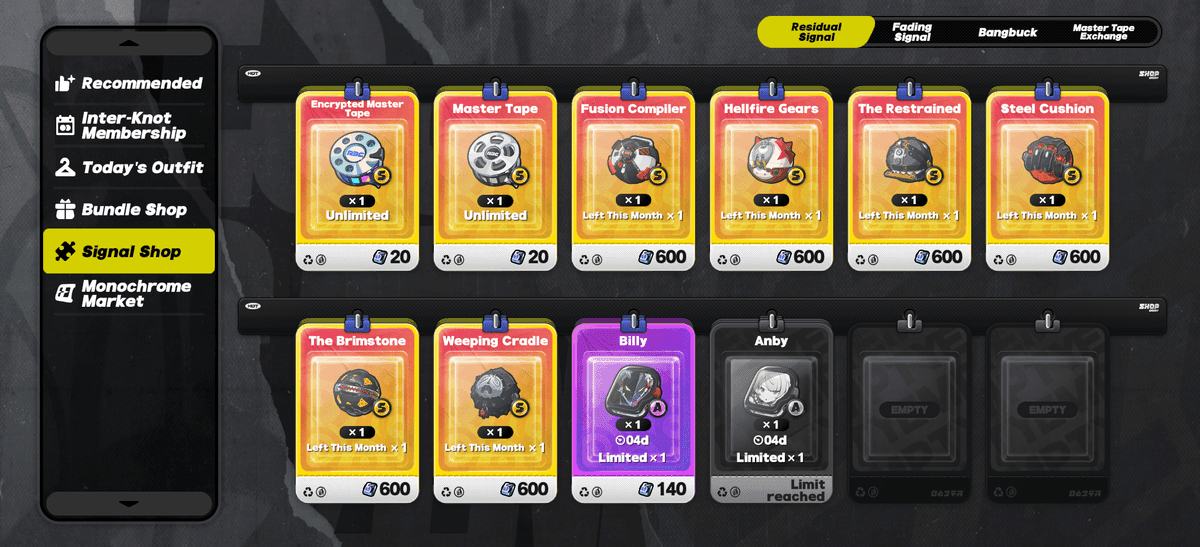 Zenless Zone Zero Residual Signal shop interface displaying exchange options for S-Rank W-Engine