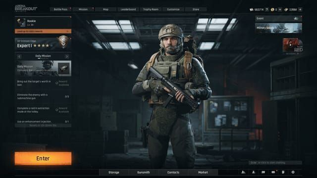 Interface do Quiosque da Sorte do Arena Breakout Mobile mostrando níveis de troca e contadores de resgate