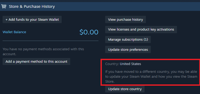 Tela de checkout do carrinho da loja Steam exibindo opções de menu suspenso de região e moeda