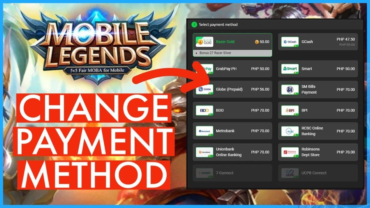 Mobile Legends payment options interface showing various e-wallet choices