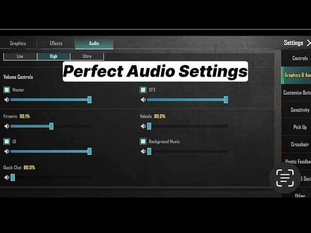 PUBG Mobile audio settings showing Sound Quality set to Ultra and maximum Sound Effects volume
