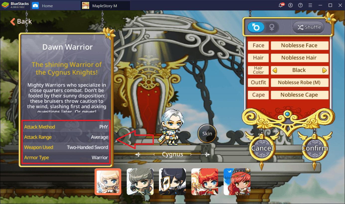 MapleStory M Charakterauswahlbildschirm mit Servername